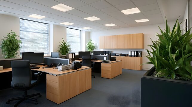Modern office space with wooden desks  black chairs  potted plants  and large with blinds