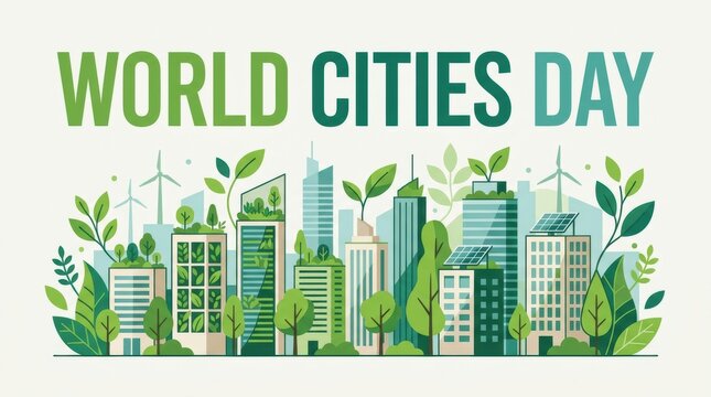 World cities day illustration featuring a sustainable green urban landscape with modern skyscrapers and lush nature elements for environment