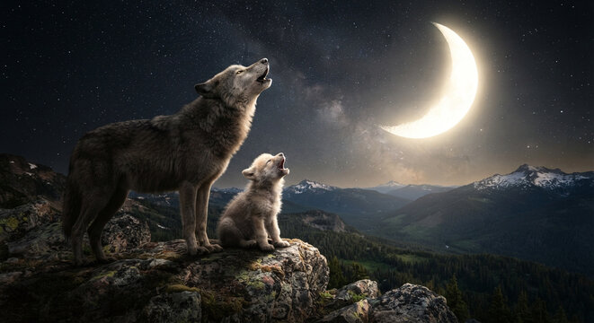 Adult wolf and cute pup howling together at the glowing crescent moon in a starry night sky