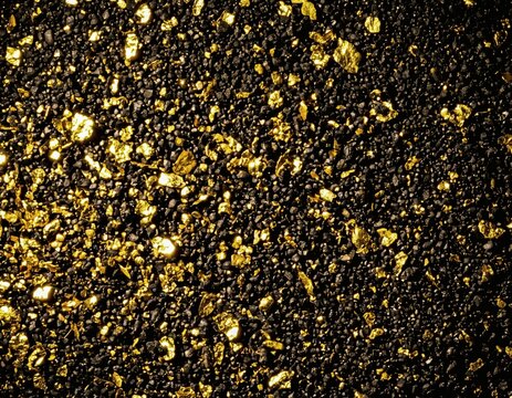 Top view macro texture of sparkling 24k gold flakes scattered on dark black gravel sand