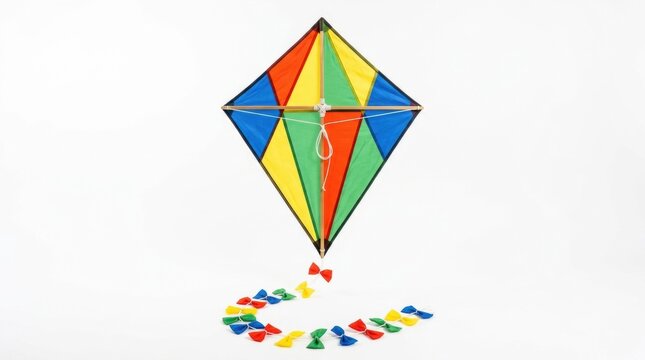 A colorful diamond shaped kite with a long tail flying against a clean white background for summer outdoor fun