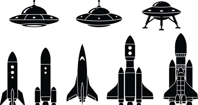 Outer space transportation icon pack with alien flying saucer ships and cosmic rocket shuttles silhouettes vector illustrations