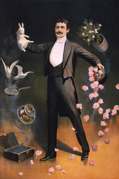 Vintage poster of a magician performing tricks with a white rabbit, doves, and cascading pink roses