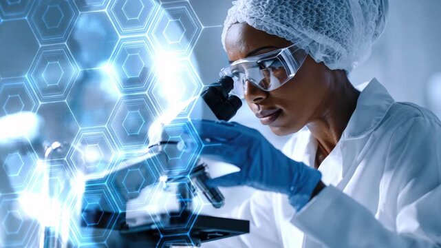 A female scientist examines a sample under a microscope in a laboratory; a digital hologram showing cells. Concept of scientific research, biotechnology, innovation