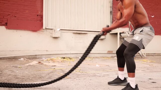 Athletic African American man with a disabled left hand working out with a battle rope in a warehouse area near downtown Los Angeles.