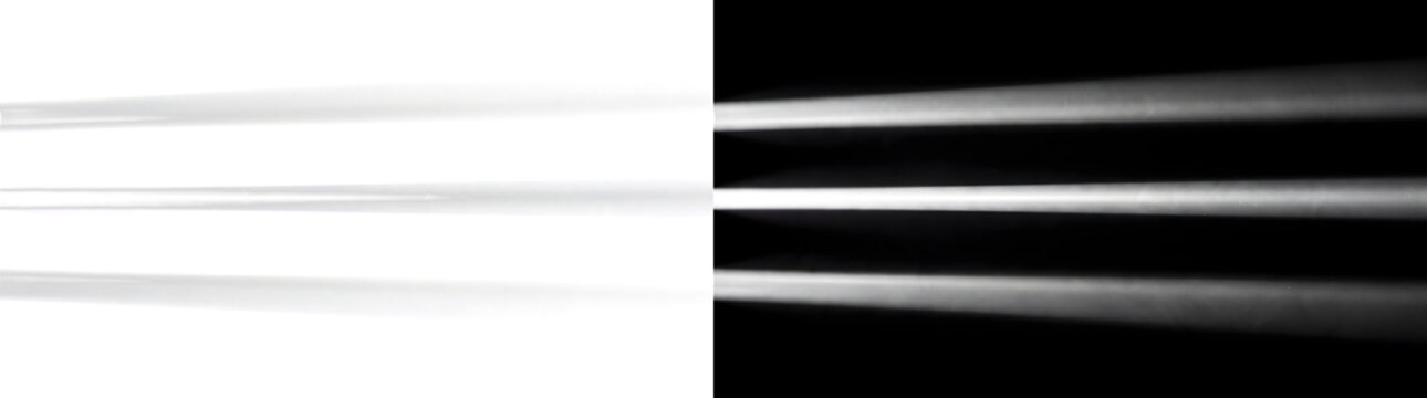 Three parallel horizontal light beams entering from the left edge with bright white cores and soft fading rays for cinematic lighting in PNG, Transparent and Black Background Versions