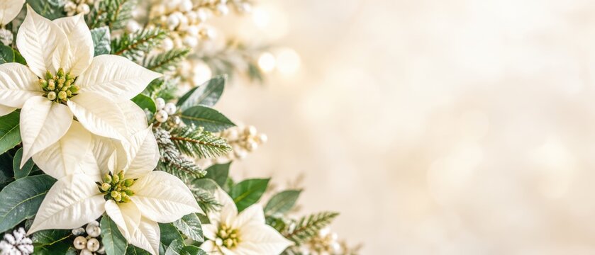 white poinsettia flowers with green pine branches, white berries and soft golden bokeh lights