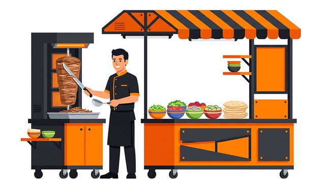 Street vendor chef standing at outdoor fast food shawarma stall cart   