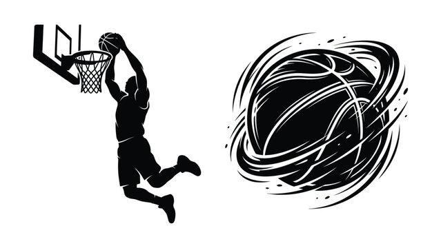 Dynamic basketball player dunking action with swirling ball graphic design