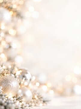 silver christmas baubles with warm golden bokeh lights on soft white festive background for christmas and new year celebration