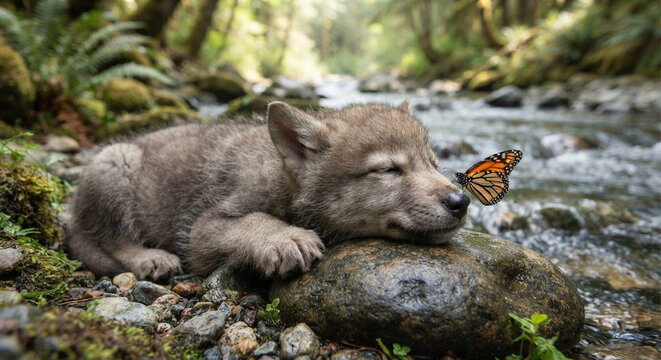 Cute baby wolf pup sleeping peacefully on a mossy rock with a monarch butterfly on its nose