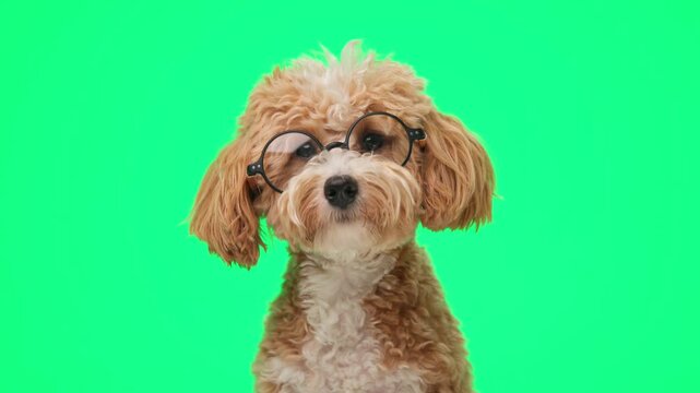 Intelligent maltipoo dog wearing glasses tilting head looking forward on green background