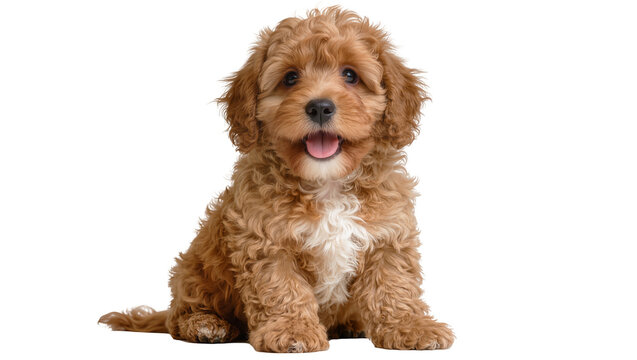 Fluffy brown cockapoo puppy with white chest patch, sitting happily isolated on transparent background
