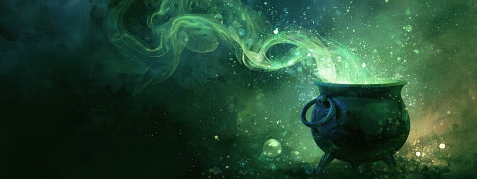 Cauldron brewing magic potion with green smoke and particles