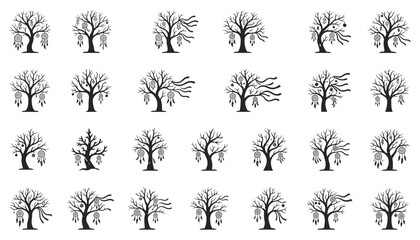 A set of icons and symbols featuring bare or deciduous trees adorned with dreamcatchers, decorative baubles, and flowing ribbons in a Bohemian, nature-inspired style (Dreamcatcher trees and mystical b © nin