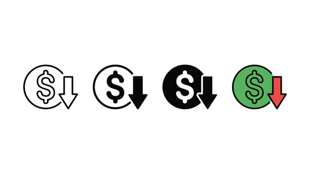 Set of four different financial icons showing a dollar coin with downward arrow representing currency devaluation or loss of value