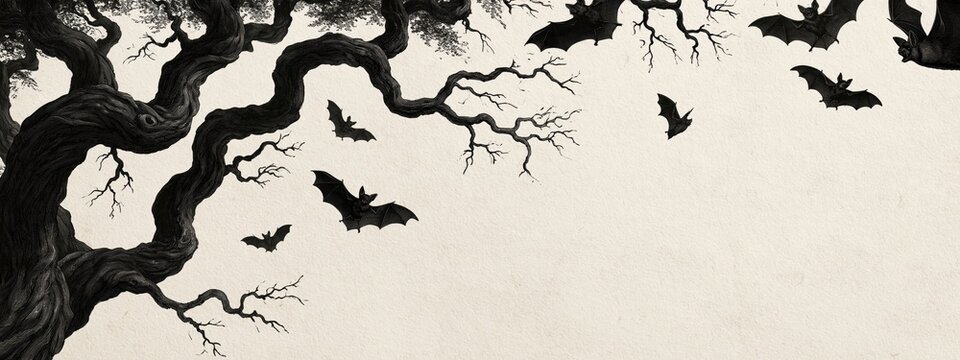 Halloween bats flying around spooky gnarled tree branches