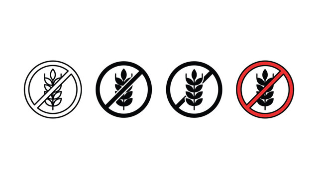 Set of four different gluten free symbols featuring wheat stalks inside circular prohibition signs isolated on white background