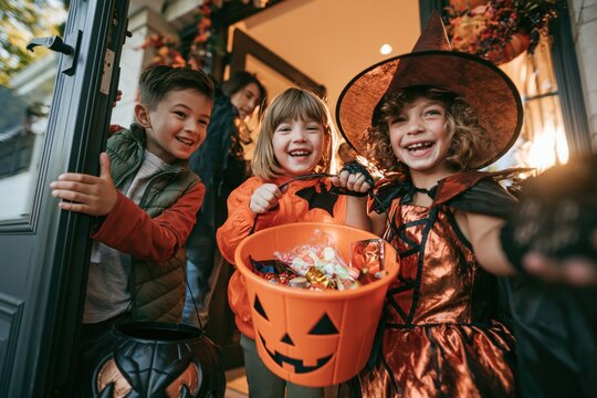 Happy children trick or treating on Halloween night