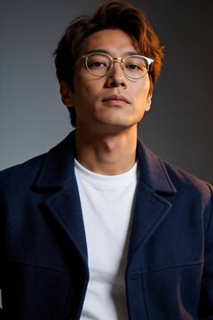 Studio portrait of a stylish man wearing thin, round metal glasses.