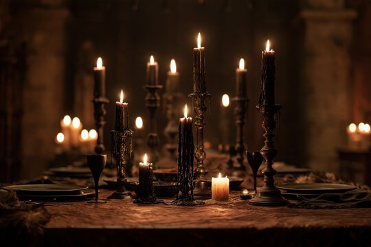 Halloween spooky dinner table with burning candles