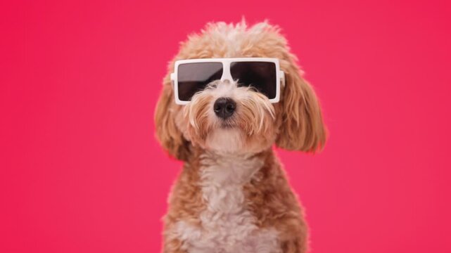 Stylish maltipoo puppy wearing sunglasses looking forward and side on pink background
