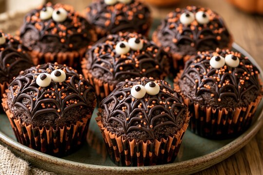 Halloween spider chocolate cupcakes with googly eyes