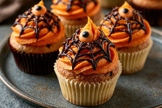 Halloween cupcakes decorated with orange frosting and chocolate spiderwebs
