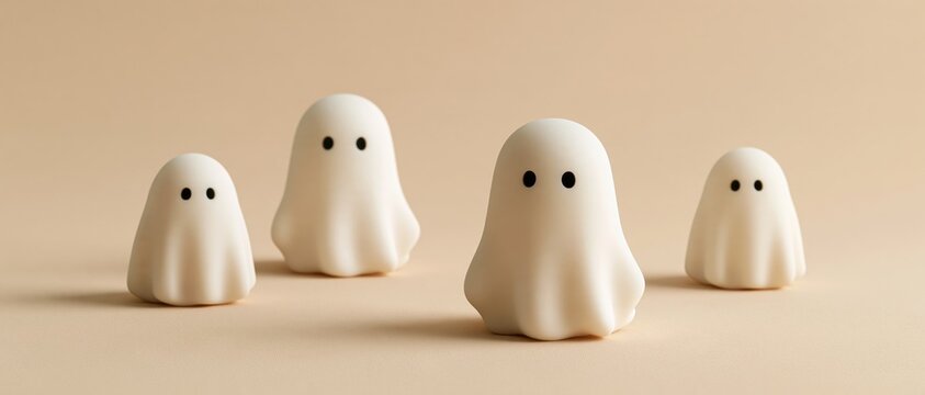 Cute ghost figures celebrating Halloween on neutral background