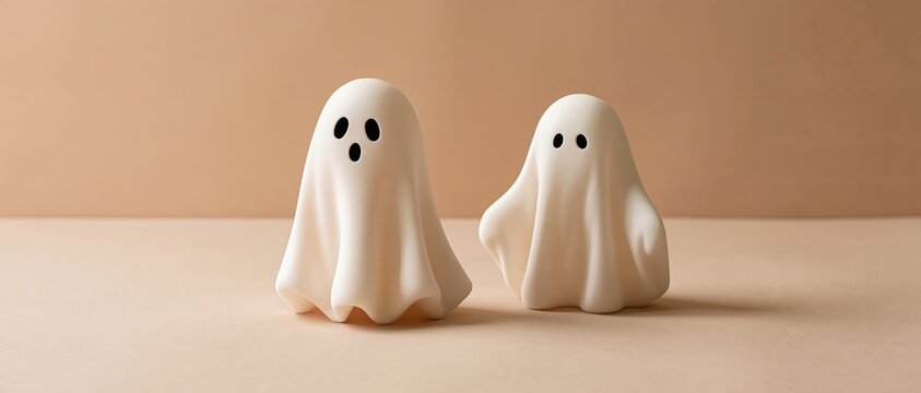 Two cute ghost Halloween decorations standing on a beige background