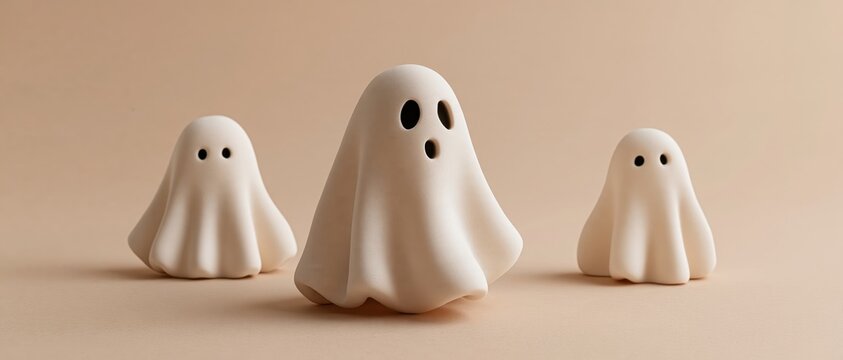 Cute Halloween ceramic ghosts standing on a minimal background
