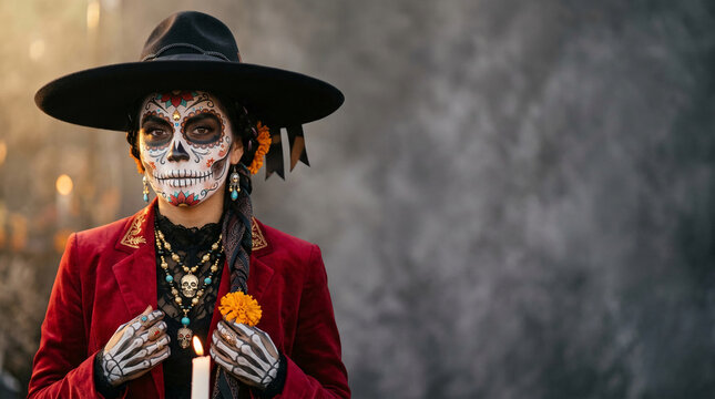 Woman with sugar skull face paint, black hat, red jacket, and bone hand art, symbolizing Dia de Muertos, tradition, and celebration