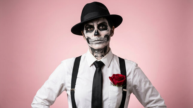 Person with skeleton face paint and fedora, wearing white shirt, suspenders, tie, and red rose, symbolizing Day of the Dead, Halloween, and theatrical costume