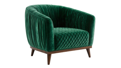 Fototapeta premium Emerald green velvet armchair with quilted seat and wooden base, isolated on transparent background