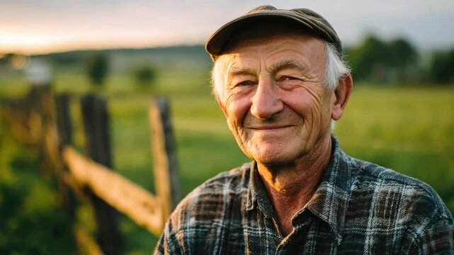 A smiling elderly farmer wearing a cap, set against a rural landscape and a wooden fence in the glow of the sunset