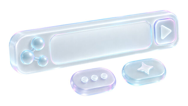Iridescent glass control bar with a play symbol, raised ellipsis button, and sparkle button, a three dimensional interface component collection for media playback, digital interaction, and app layouts
