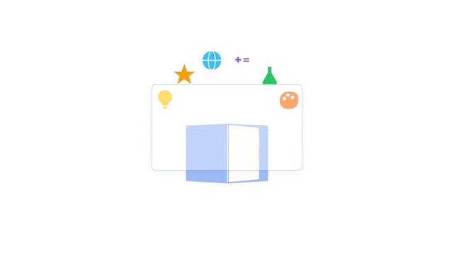 Open book with floating colorful icons symbolizing education knowledge creativity and global digital learning in a clean flat vector illustration