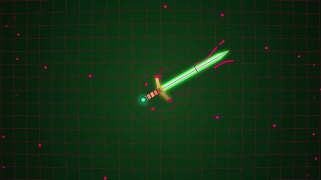 Motion graphics animation of a glowing sword with floating particles on a dark grid background for broadcast commercial, corporate promo, and marketing video