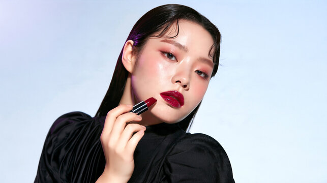Elegant Korean beauty makeup featuring glossy deep berry lipstick, radiant skin, soft pink eyeshadow, sleek dark hair, sophisticated Asian woman holding burgundy lipstick, luxury cosmetics campaign.