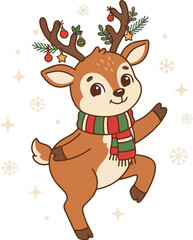 Cute reindeer character wearing scarf and ornaments illustration © Gimhana
