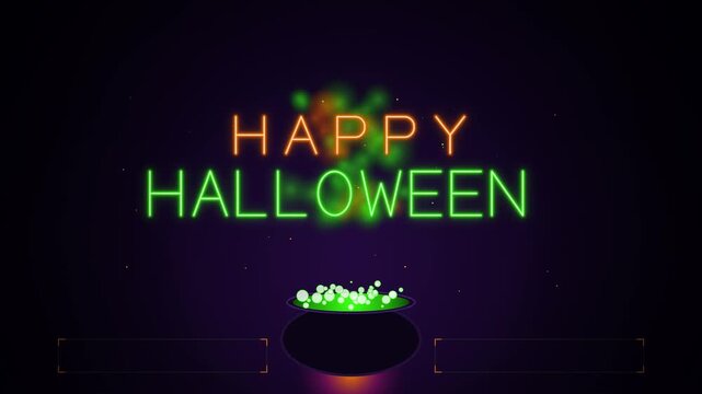 4K magical Halloween title opener featuring a bubbling witch cauldron erupting with acid green ectoplasm that forms glowing Happy Halloween typography.