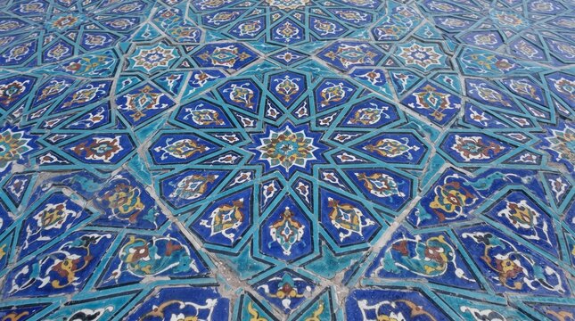 Generated with AI symmetrical Persian ceramic tilework star mosaic pattern with blue turquoise floral ornament on tile surface.