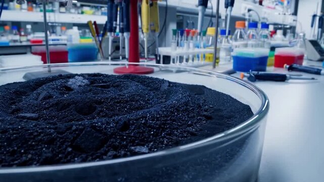 Dark granular substance fills a petri dish within a brightly lit research laboratory powder granules particles