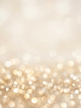 sparkling gold bokeh lights with soft glowing glitter effect on beige abstract festive background