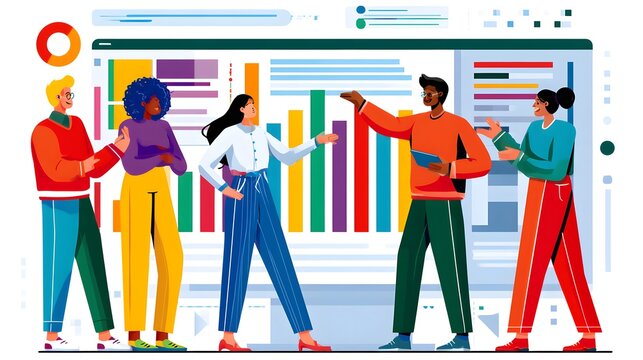 Diverse team of people analyzing data chart in office setting