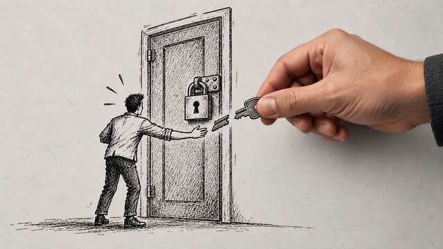 A man reaching for a key held by a giant hand to open a locked wooden door in a conceptual illustration