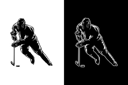 Ice Hockey Player Dribbling Puck with Stick Silhouette With Highlight