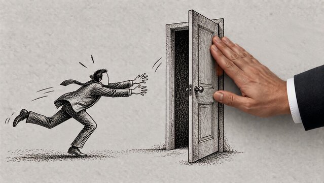 Business man running towards an open door being closed by a giant hand representing career obstacles