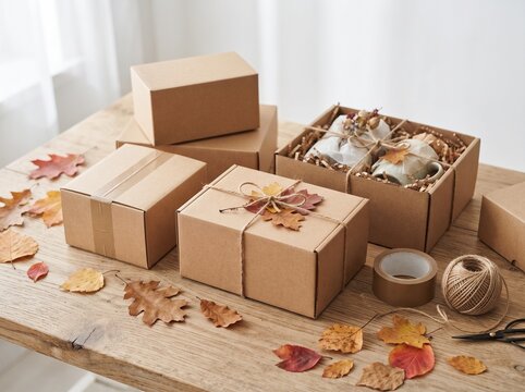 Small business cardboard packaging boxes with autumn leaves on wooden