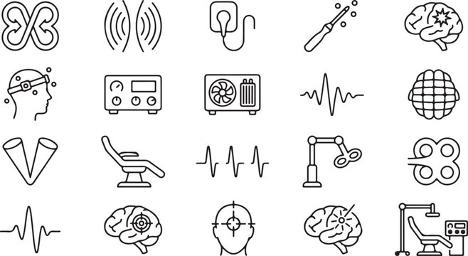 Set of transcranial magnetic stimulation and brain neurotherapy medical technology black vector icons isolated on white background